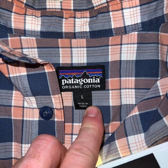 Patagonia Plaid Shirt Men's Size Large Blue Orange Short Sleeve Organic Cotton - Picture 5 of 7